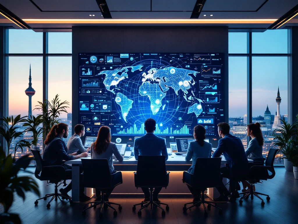 Modern office with digital globe, diverse team analyzing data, holographic graphs, and Helsinki and Tallinn skylines in the background.