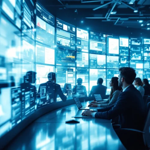 A diverse team analyzes digital screens with dynamic media content in a modern workspace, enhanced by holographic AI interfaces.