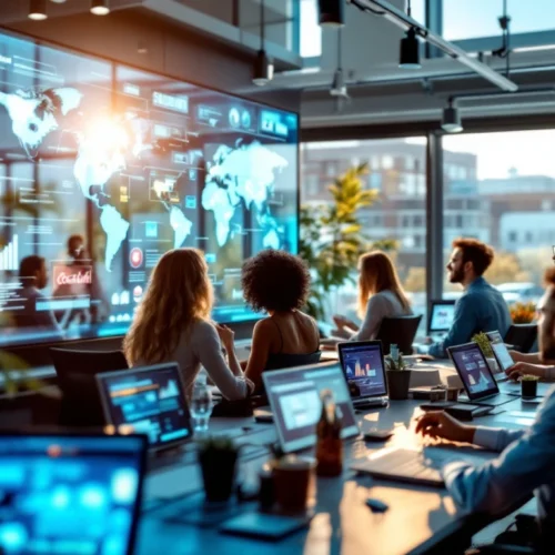 A diverse team analyzes digital displays in a modern, sunlit office, highlighting global media activities and prestigious clientele logos.