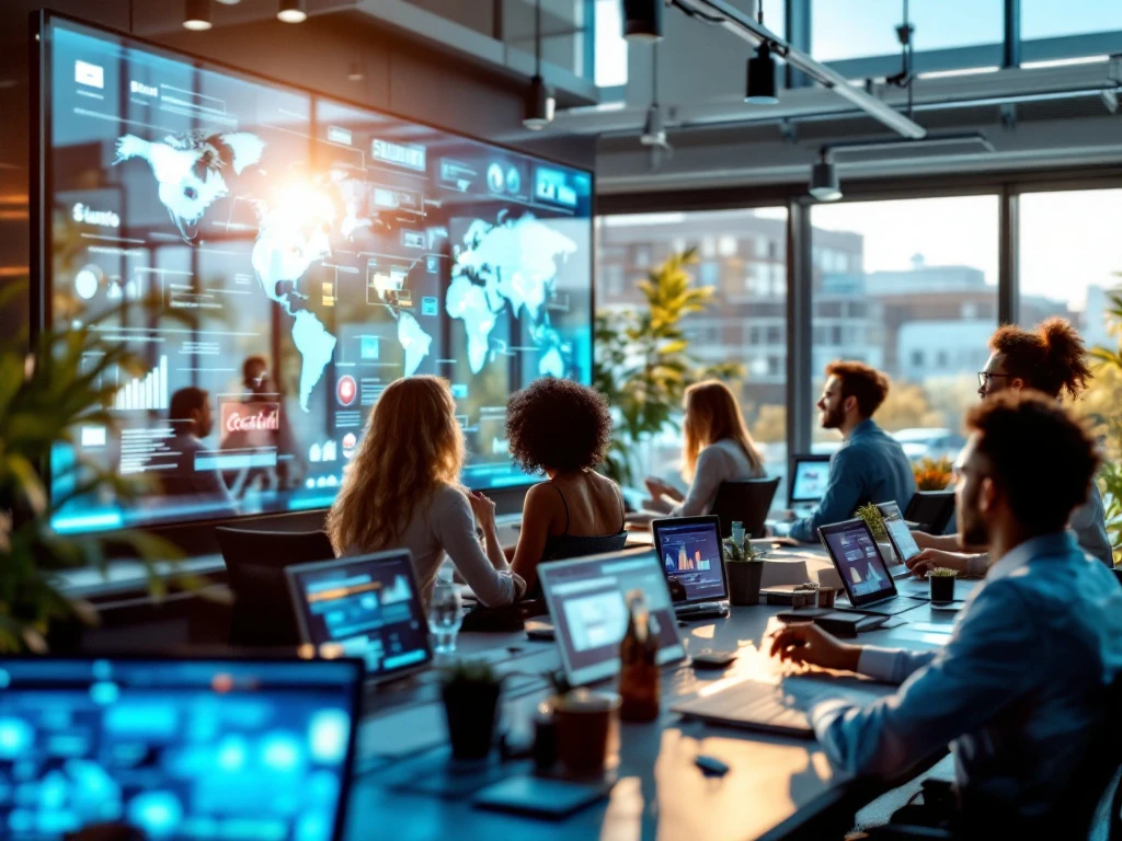 A diverse team analyzes digital displays in a modern, sunlit office, highlighting global media activities and prestigious clientele logos.
