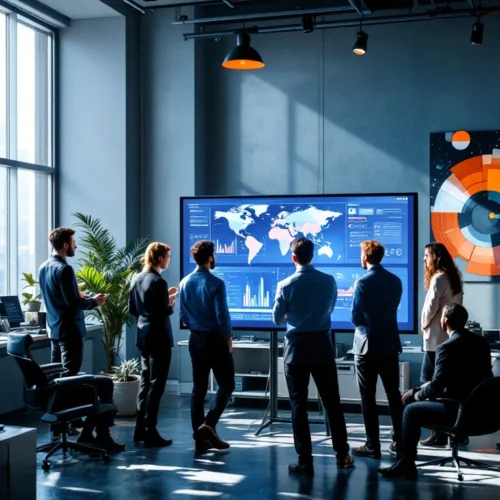 Moderni toimistotila, jossa monimuotoinen tiimi työskentelee digitaalisen näytön äärellä; esillä data, teknologia ja innovaatio.