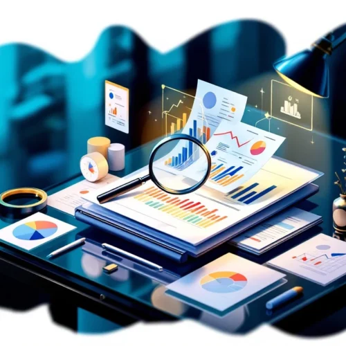 3D brand analysis dashboard with colorful charts floating above elegant glass desk workspace with marketing analytics tools and competitive analysis visuals.