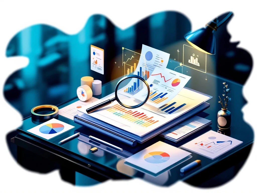 3D brand analysis dashboard with colorful charts floating above elegant glass desk workspace with marketing analytics tools and competitive analysis visuals.