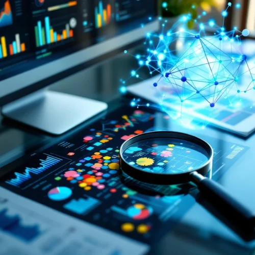 Professional brand analysis workspace with magnifying glass, data visualization hologram, and analytics displayed on monitor