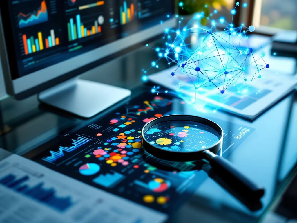 Professional brand analysis workspace with magnifying glass, data visualization hologram, and analytics displayed on monitor