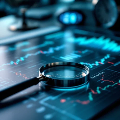 Professional data analysis workspace with magnifying glass examining graphs, digital reputation metrics dashboard, and timing elements in blue and white tones.