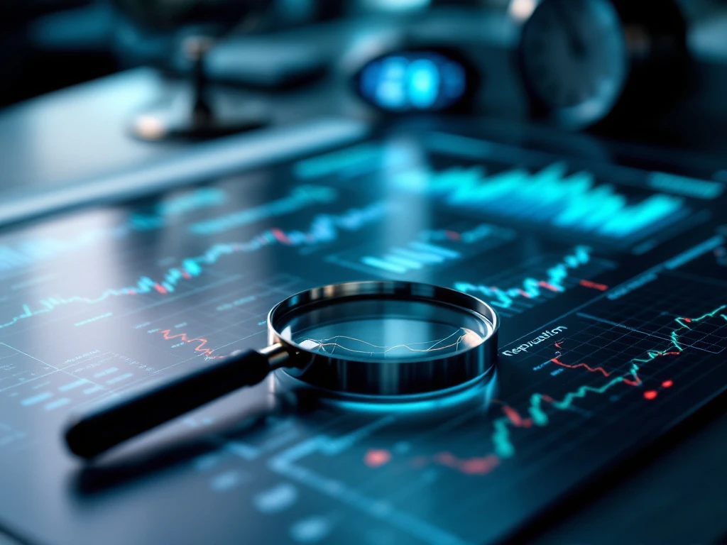 Professional data analysis workspace with magnifying glass examining graphs, digital reputation metrics dashboard, and timing elements in blue and white tones.