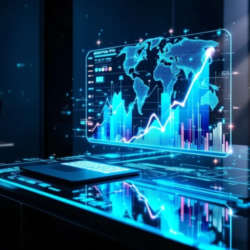 Futuristic glass desk with holographic reputation analytics dashboard displaying upward trending graphs and network connections against a blue-teal gradient background.