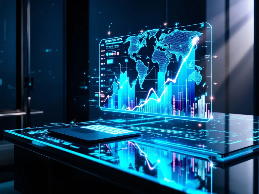 Futuristic glass desk with holographic reputation analytics dashboard displaying upward trending graphs and network connections against a blue-teal gradient background.