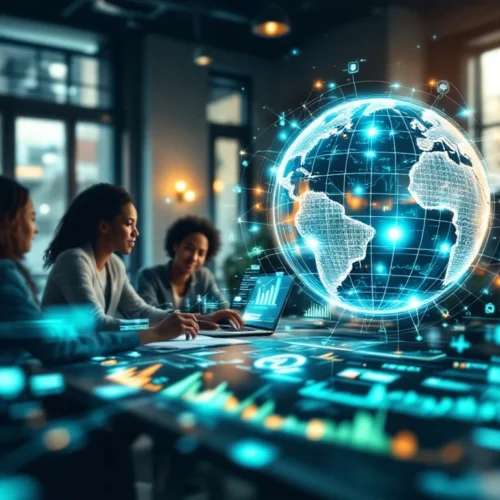 A diverse team discusses media monitoring in a modern office with global and AI themes, reflecting Meedius International's innovation.