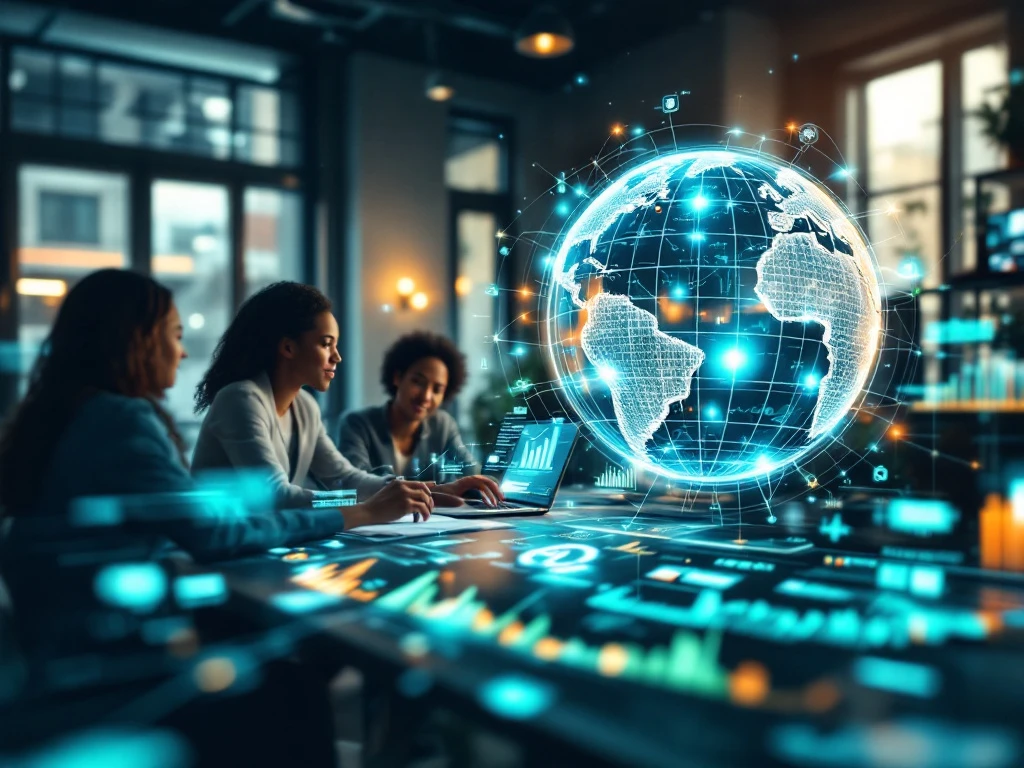 A diverse team discusses media monitoring in a modern office with global and AI themes, reflecting Meedius International's innovation.