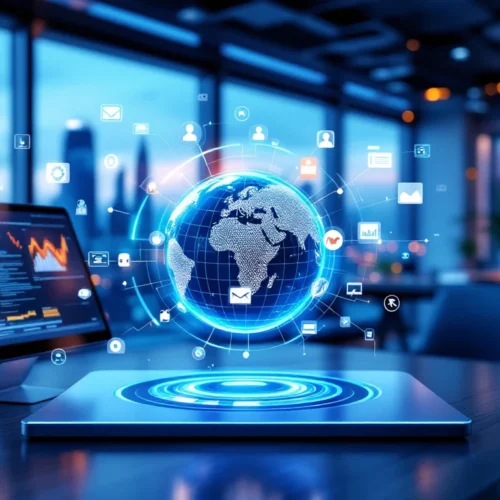A digital interface with a globe and media icons in an office setting symbolizes global media monitoring by Meedius International.