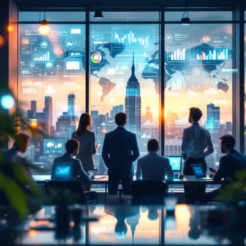 A diverse team in a modern office analyzes digital screens with global market data, set against a cityscape, embodying media intelligence.