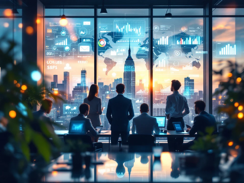 A diverse team in a modern office analyzes digital screens with global market data, set against a cityscape, embodying media intelligence.