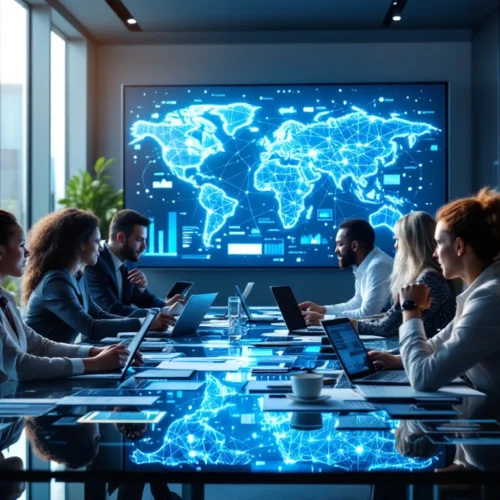 A diverse team brainstorms in a modern office with digital devices, large screen data displays, and natural light, symbolizing innovation.