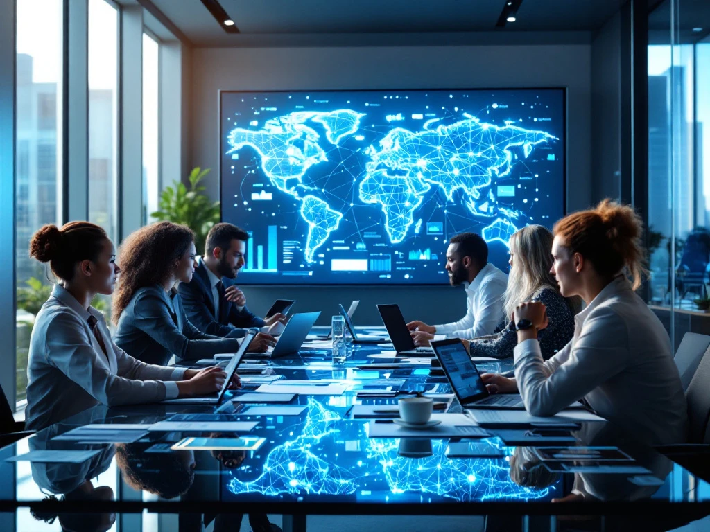 A diverse team brainstorms in a modern office with digital devices, large screen data displays, and natural light, symbolizing innovation.