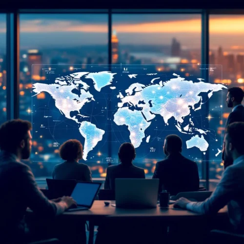 A diverse team in a modern office reviews a digital map of global media data, with city views highlighting their international reach.