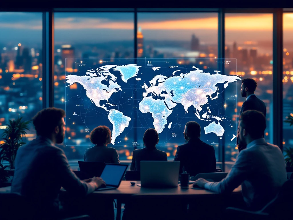 A diverse team in a modern office reviews a digital map of global media data, with city views highlighting their international reach.