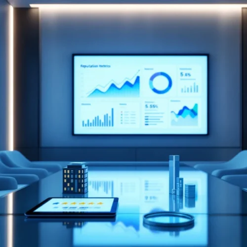 Modern conference room with reputation analytics dashboard showing positive trends, 5-star rating tablet and magnifying glass on data