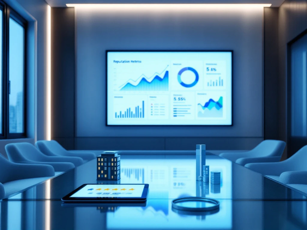Modern conference room with reputation analytics dashboard showing positive trends, 5-star rating tablet and magnifying glass on data