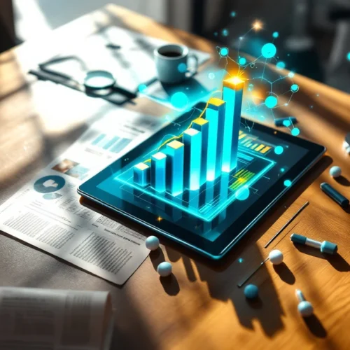 Digital tablet on office desk displaying reputation analytics with 3D charts, social media data, and network visualization in blues and teals.