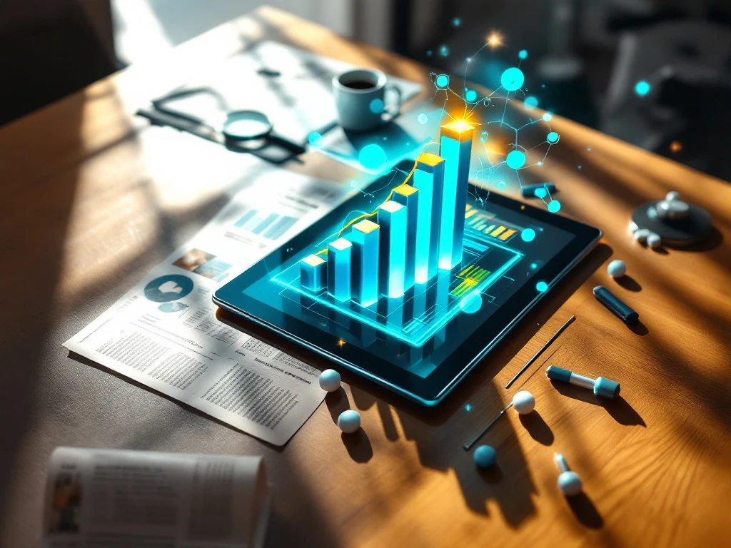 Digital tablet on office desk displaying reputation analytics with 3D charts, social media data, and network visualization in blues and teals.