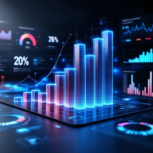Media intelligence dashboard displaying reputation metrics with 3D charts, sentiment gauge, and brand analysis on dark blue background.