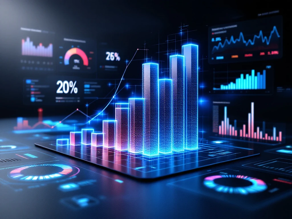 Media intelligence dashboard displaying reputation metrics with 3D charts, sentiment gauge, and brand analysis on dark blue background.