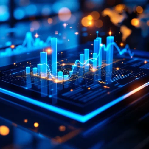 3D digital dashboard displaying reputation metrics with holographic graphs, interconnected data nodes, and global monitoring map on a sleek glass desk.