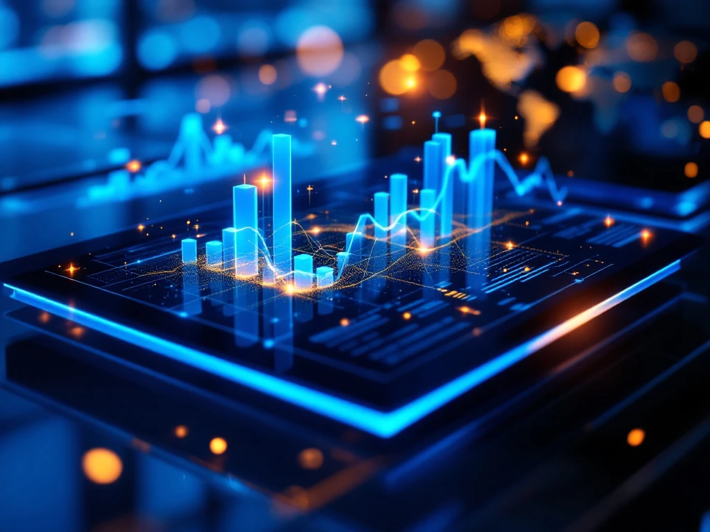3D digital dashboard displaying reputation metrics with holographic graphs, interconnected data nodes, and global monitoring map on a sleek glass desk.