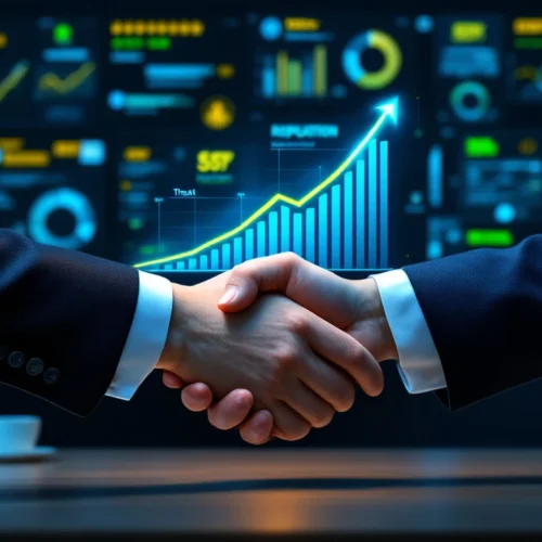 Professional workspace displaying reputation analytics with business handshake, customer sentiment data, and trust metrics highlighted in blue and gold tones.