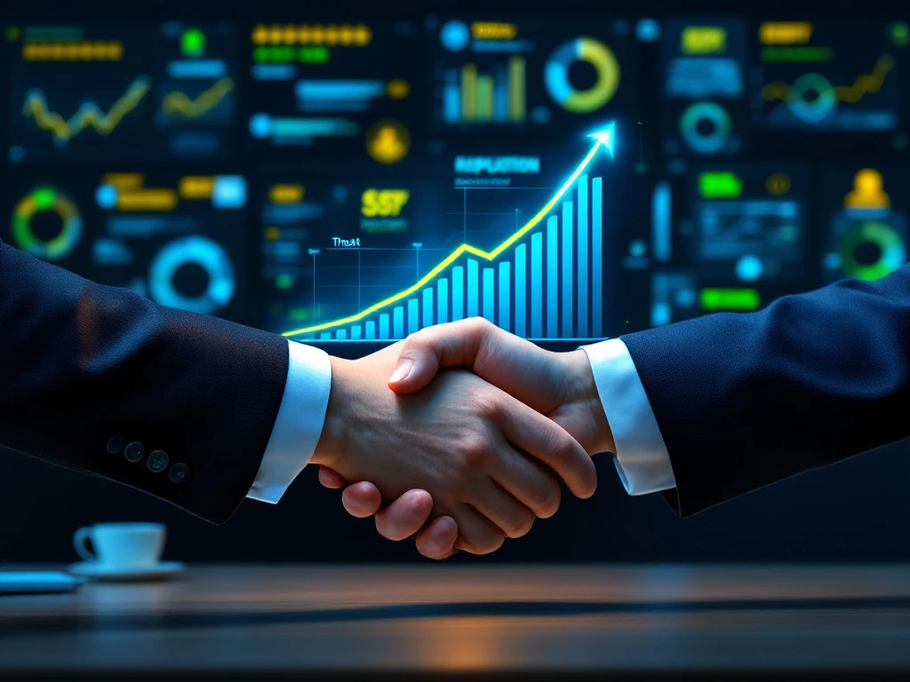 Professional workspace displaying reputation analytics with business handshake, customer sentiment data, and trust metrics highlighted in blue and gold tones.