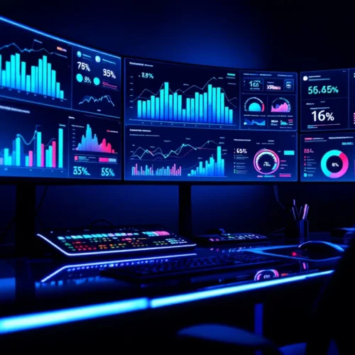 Modern analytics command center with data visualization displays showing performance metrics in a sleek, blue-lit environment