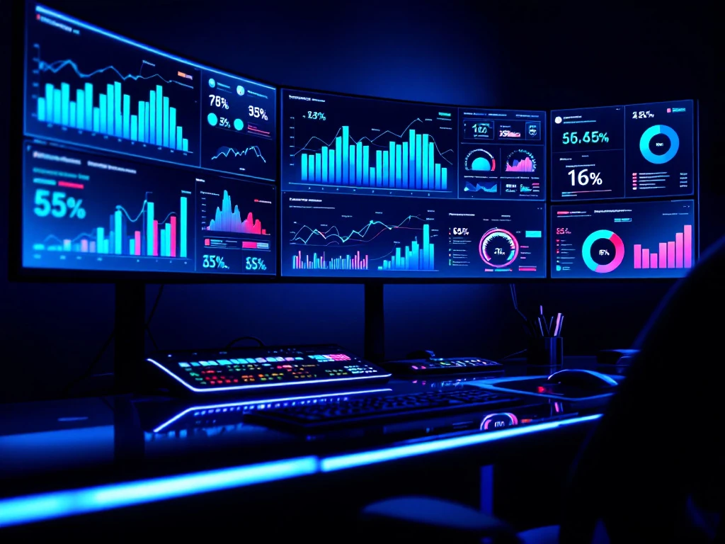 Modern analytics command center with data visualization displays showing performance metrics in a sleek, blue-lit environment