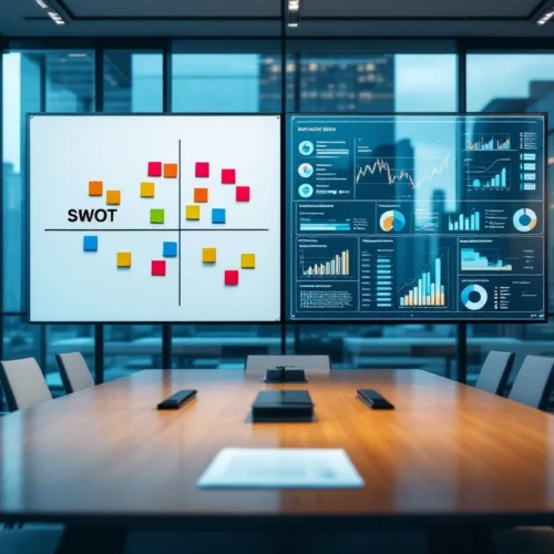 Modern business analysis workspace with SWOT matrix and digital competitor dashboard in glass conference room with city view.
