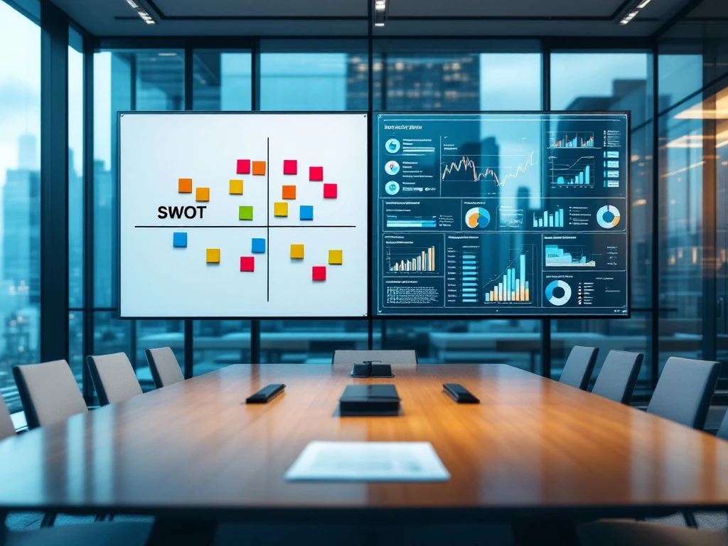 Modern business analysis workspace with SWOT matrix and digital competitor dashboard in glass conference room with city view.