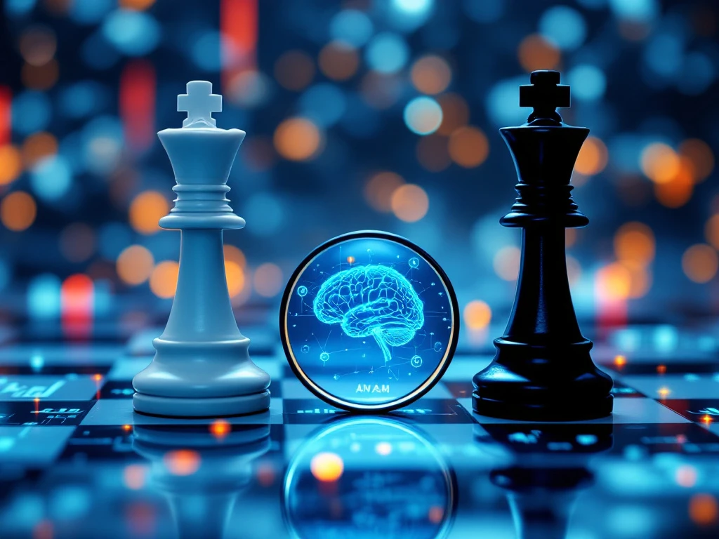 Shakkinkuninkaat vastakkain lasilaudalla, jossa heijastuu markkina-analytiikka ja suurennuslasi korostaa kilpailuanalyysiä