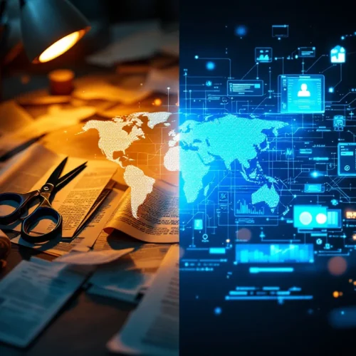 Evolution of media monitoring: traditional newspaper clippings and folders transitioning to futuristic digital analytics and AI interfaces in a professional office setting.