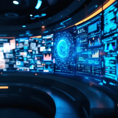Futuristinen mediaseurannan komentokeskus, jossa perinteinen analytiikka siirtyy tekoälyavusteiseen teknologiaan holografisten näyttöjen ja data-visualisointien kautta.