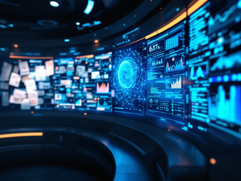 Futuristinen mediaseurannan komentokeskus, jossa perinteinen analytiikka siirtyy tekoälyavusteiseen teknologiaan holografisten näyttöjen ja data-visualisointien kautta.