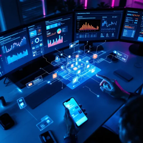 Social media command center with multiple analytics displays, holographic visualizations, and touchscreen interface in modern office with blue lighting.