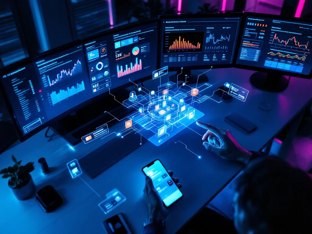 Social media command center with multiple analytics displays, holographic visualizations, and touchscreen interface in modern office with blue lighting.