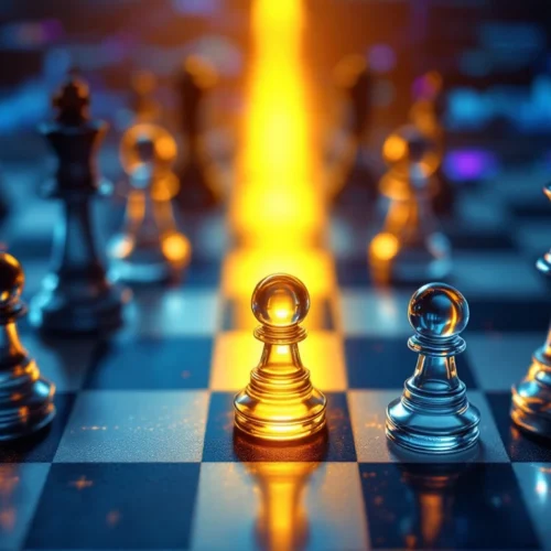 Strategic business chessboard with glass pieces representing competitors surrounding an illuminated golden opportunity space, with market data visualizations in the background.