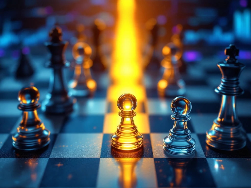 Strategic business chessboard with glass pieces representing competitors surrounding an illuminated golden opportunity space, with market data visualizations in the background.